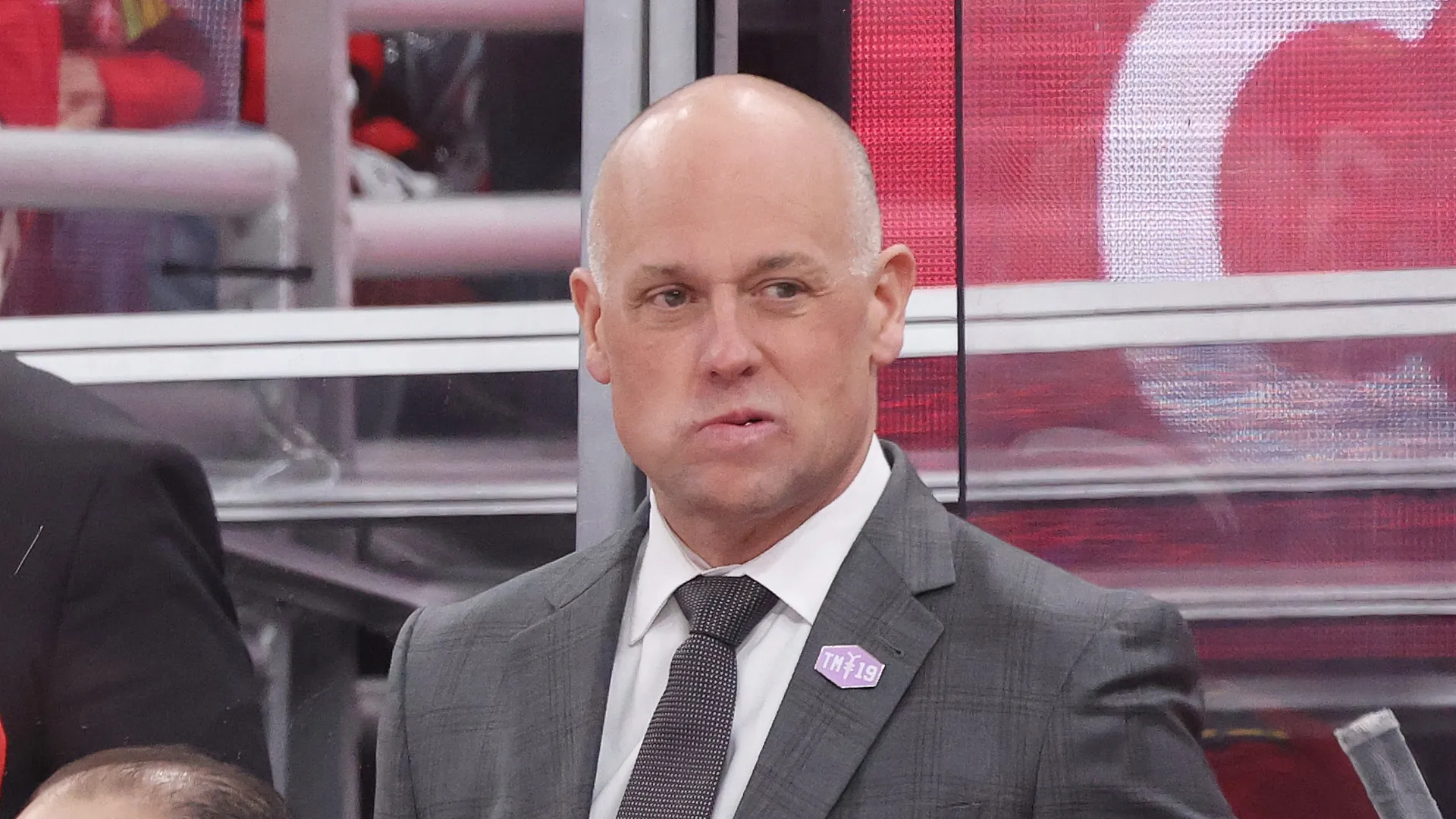Jeff Blashill of the Chicago Blackhawks looks on against the Carolina Hurricanes during the second period at the United Center on April 09, 2026 in Chicago, Illinois.