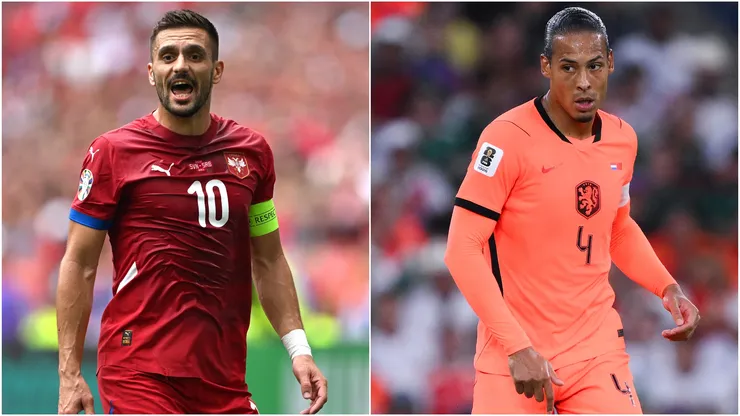 Dusan Tadic of Serbia and Virgil Van Dijk of Netherlands