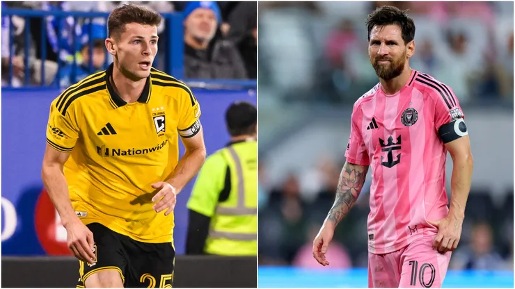 Sean Zawadzki #25 of the Columbus Crew and Lionel Messi #10 of Inter Miami