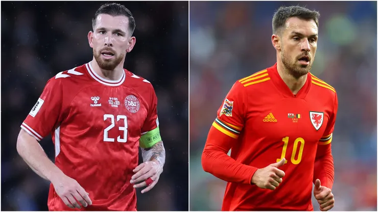 Pierre-Emile Hojbjerg of Denmark and Aaron Ramsey of Wales
