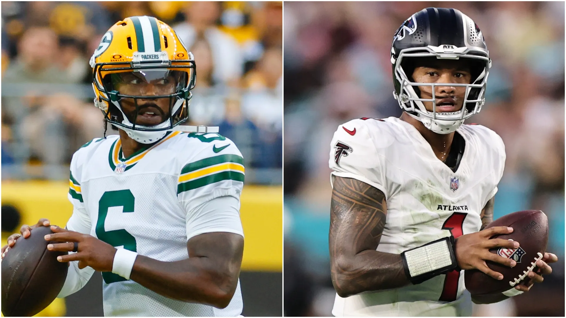 Tyrod Taylor (left) of Packers and Tua Tagovailoa (right) of Falcons.