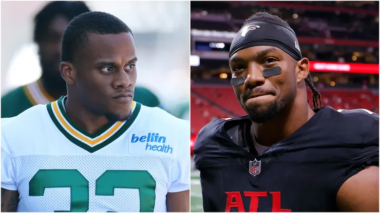 MarShawn Lloyd (left) of the Green Bay Packers and Bijan Robinson (right) of the Atlanta Falcons.