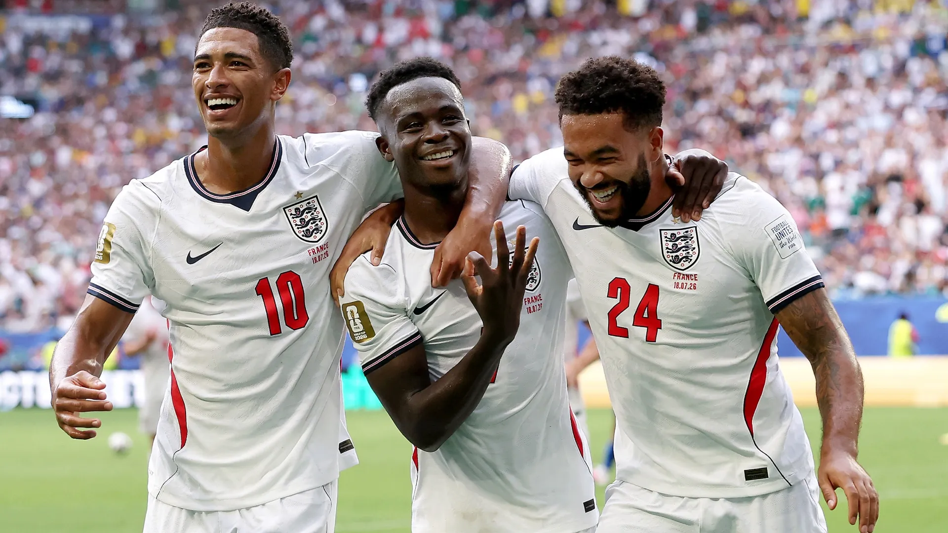 Jude Bellingham #10, Bukayo Saka #7, and Reece James #24 of England (Source: Luke Hales/Getty Images)