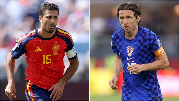 Rodri #16 of Spain and Luka Modric #10 of Croatia