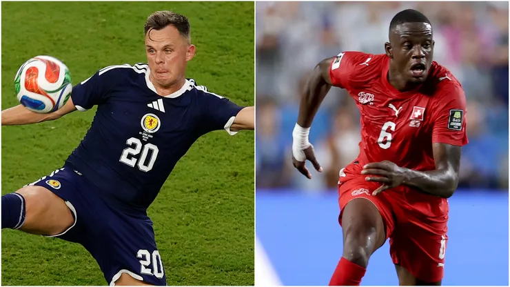 Lawrence Shankland #20 of Scotland and Denis Zakaria #6 of Switzerland