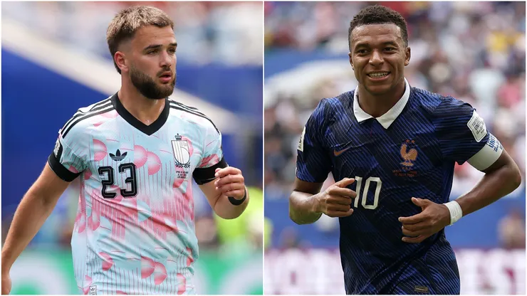 Nicolas Raskin #23 of Belgium and Kylian Mbappe #10 of France