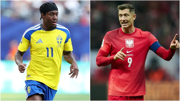 Anthony Elanga of Sweden and Robert Lewandowski of Poland