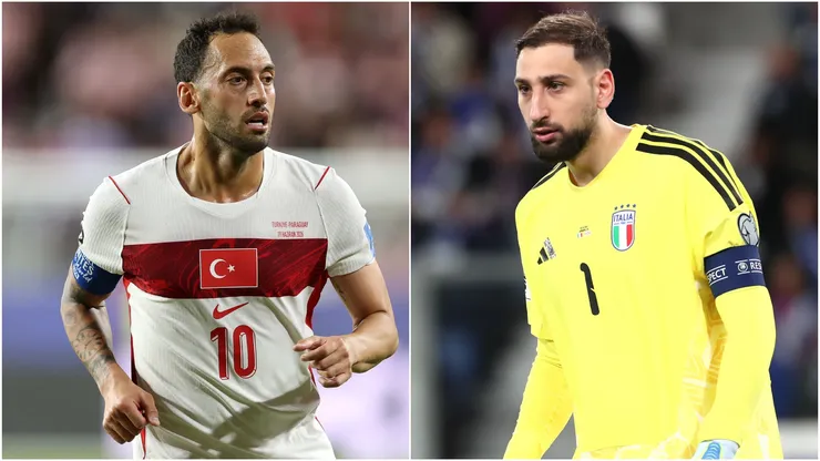 Hakan Calhanoglu of Turkiye and Gianluigi Donnarumma of Italy