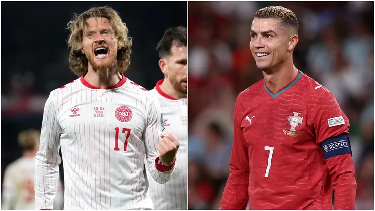 Kasper Hogh of Denmark and Cristiano Ronaldo of Portugal
