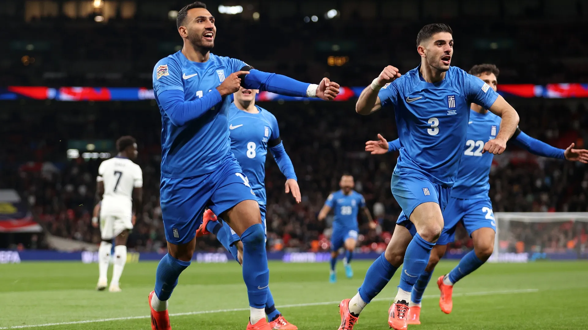 Vangelis Pavlidis of Greece with his teammates in 2024 (Source: Julian Finney/Getty Images)