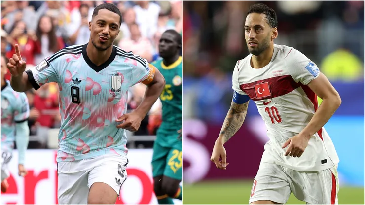 Youri Tielemans #8 of Belgium and Hakan Calhanoglu #10 of Turkiye