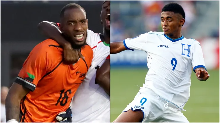 Yannis Clementia #16 of Martinique and Anthony Lozano #9 of Honduras