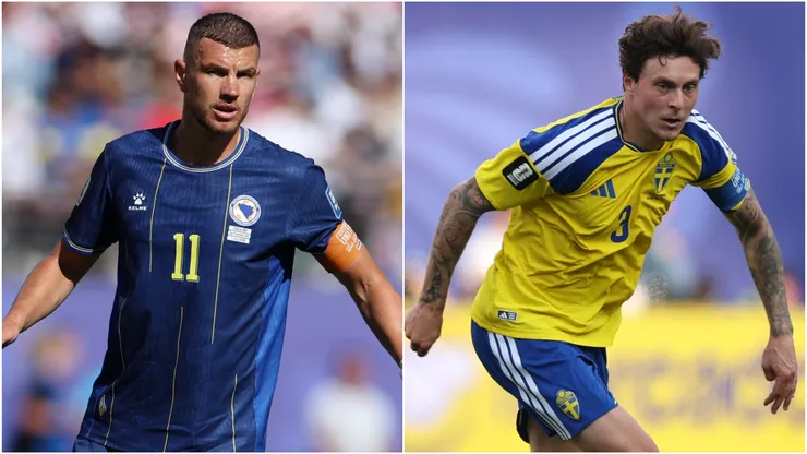 Edin Dzeko of Bosnia and Herzegovina and Victor Lindelof of Sweden