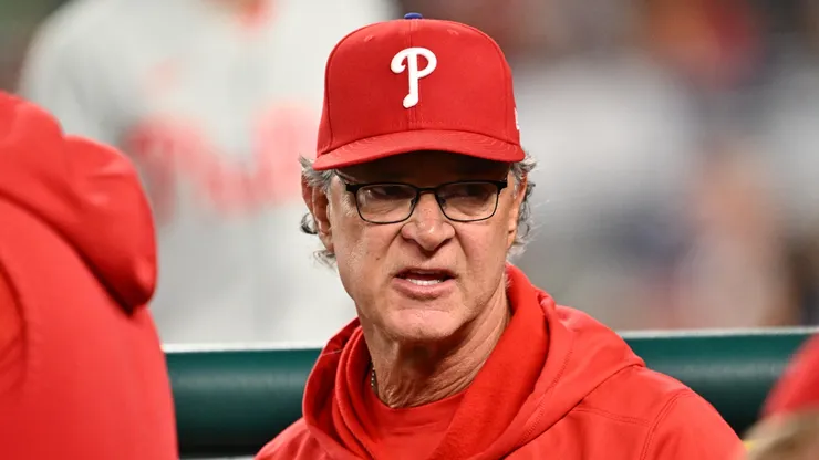 Manager Don Mattingly #8 of the Philadelphia Phillies watches his team.