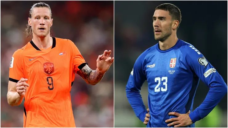 Wout Weghorst of Netherlands and Dusan Vlahovic of Serbia