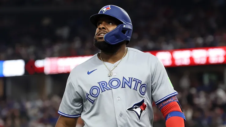 Vladimir Guerrero Jr. #27 of the Toronto Blue Jays walks to the dugout.