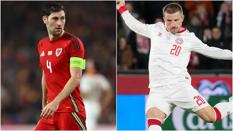 Ben Davies of Wales and Anders Dreyer of Denmark