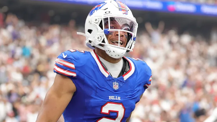 DJ Moore #2 of the Buffalo Bills celebrates after scoring a touchdown.