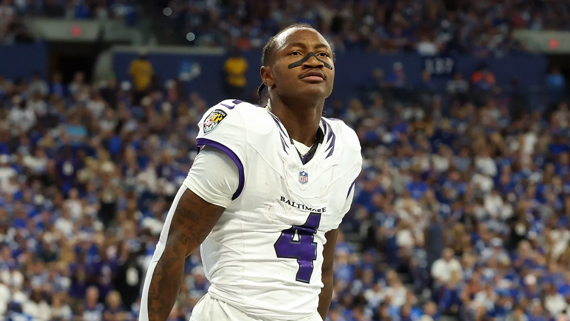 Zay Flowers #4 of the Baltimore Ravens at Lucas Oil Stadium in Indianapolis, Indiana.