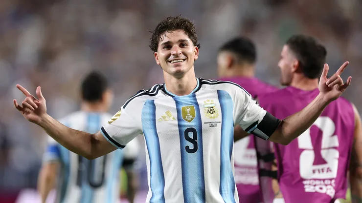 Julian Alvarez celebrates a goal for Argentina.
