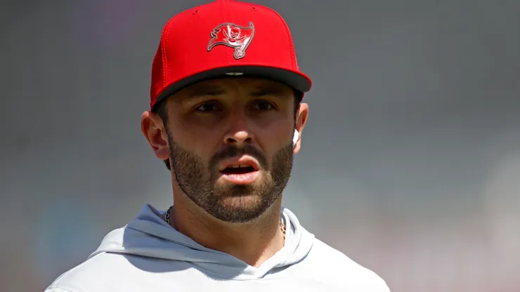 aker Mayfield #6 of the Tampa Bay Buccaneers looks on prior to the game.