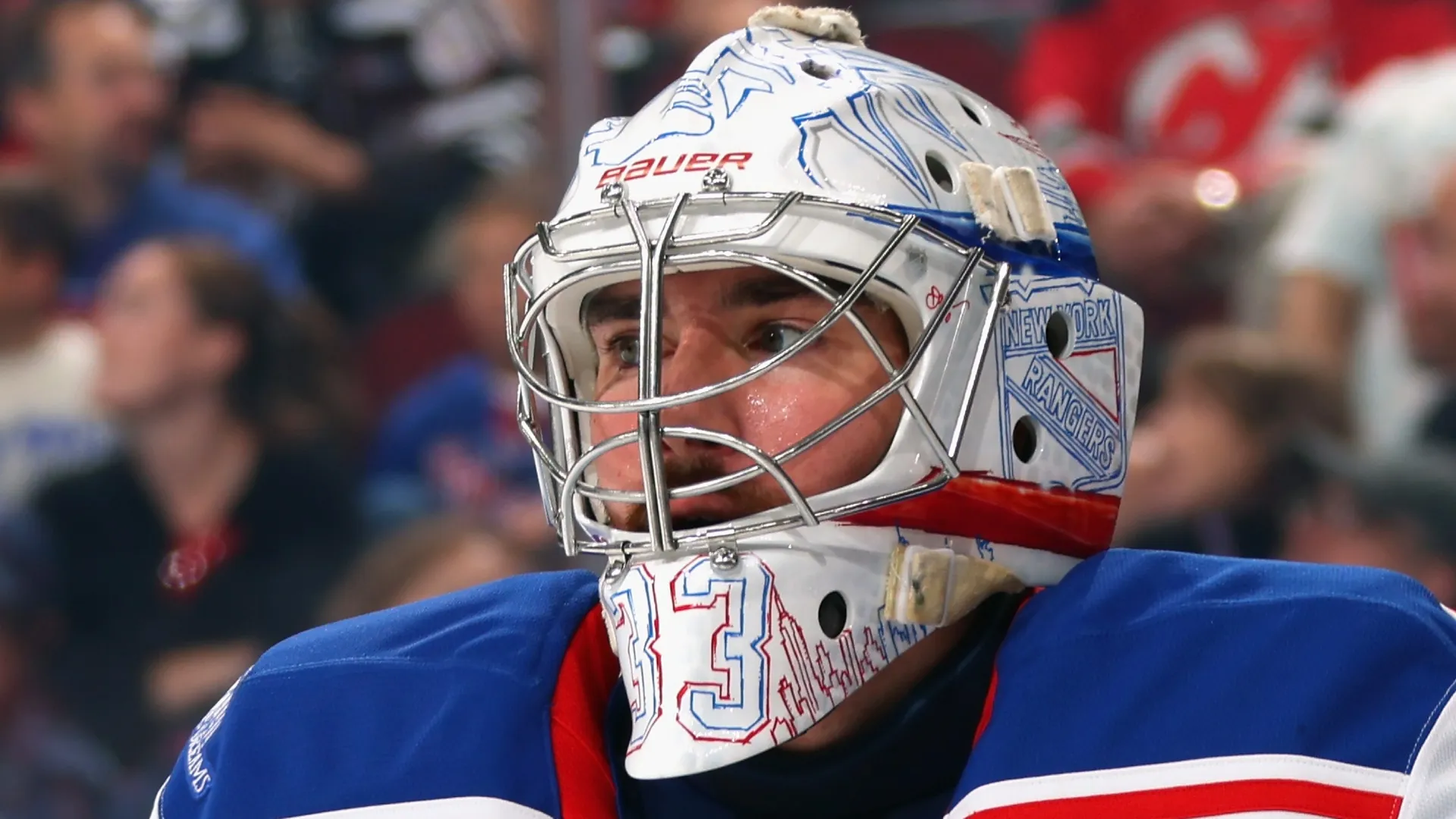 Dylan Garand #33 of the New York Rangers takes a break during the second period against the New Jersey Devils in preseason action at the Prudential Center on September 21, 2026 in Newark, New Jersey.