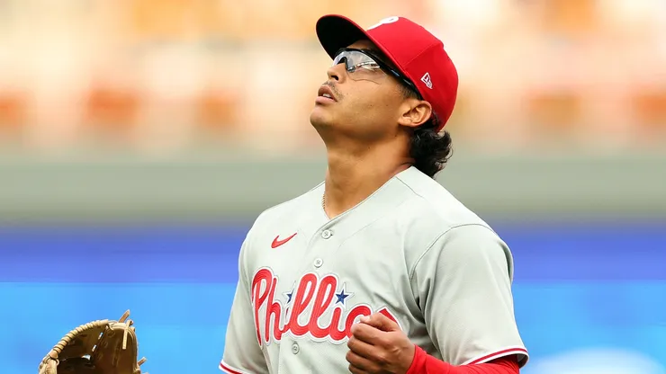 Jesus Luzardo #44 of the Philadelphia Phillies reacts as he exits the field.