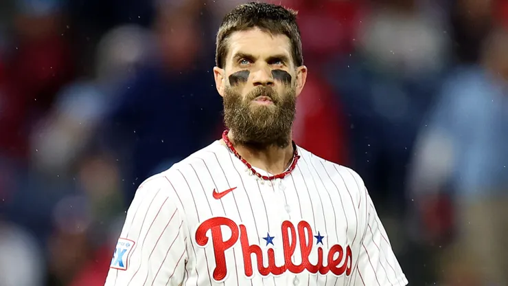 Bryce Harper #3 of the Philadelphia Phillies looks on during a game.