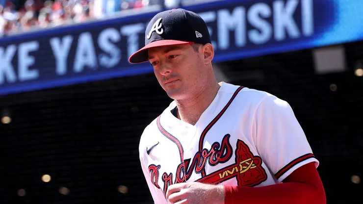Mike Yastrzemski #18 of the Atlanta Braves is introduced before the game against the Philadelphia Phillies.