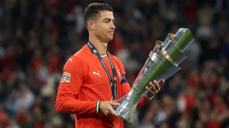 Cristiano Ronaldo of Portugal holds the UEFA Nations League trophy.
