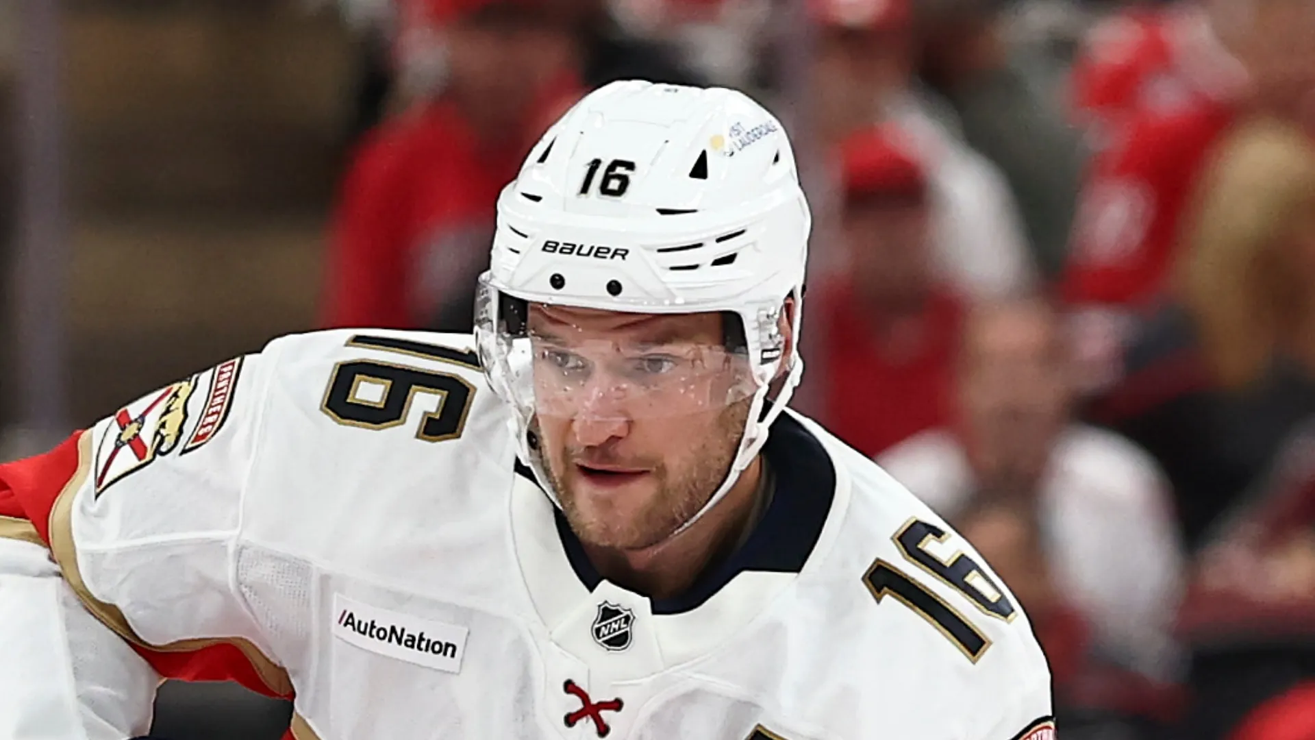 Aleksander Barkov #16 of the Florida Panthers skates with the puck during the second period of the game against the Carolina Hurricanes at Lenovo Center on September 29, 2026 in Raleigh, North Carolina.