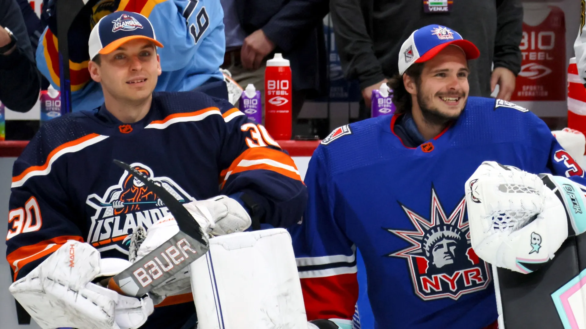 Ilya Sorokin #30 of the New York Islanders and Igor Shesterkin #31 of the New York Rangers kneel on the ice prior to the 2023 NHL All-Star Skills Competition at FLA Live Arena on February 03, 2023 in Sunrise, Florida. (Photo by Bruce Bennett/Getty Images)
