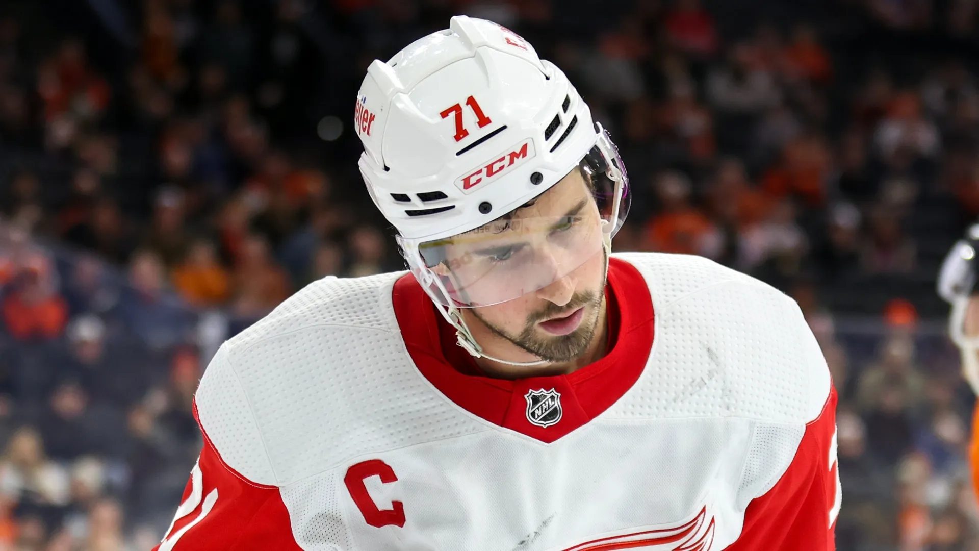 Dylan Larkin #71 of the Detroit Red Wings reacts during the third period against the Philadelphia Flyers at Wells Fargo Center on March 05, 2023 in Philadelphia, Pennsylvania.