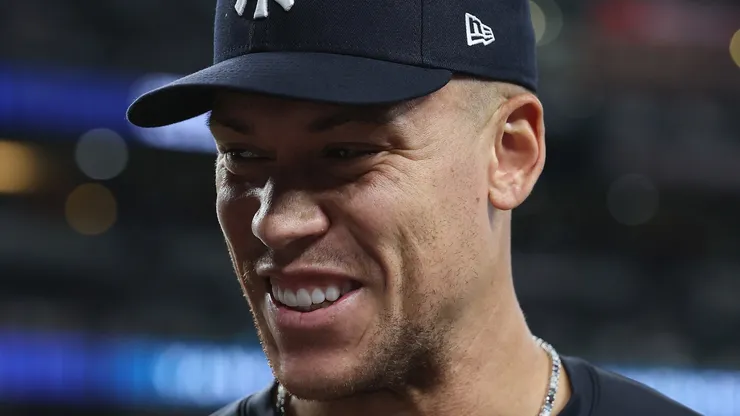 Aaron Judge #99 of the New York Yankees talks.