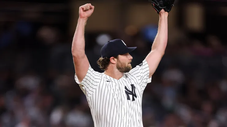 Gerrit Cole #45 of the New York Yankees reacts.