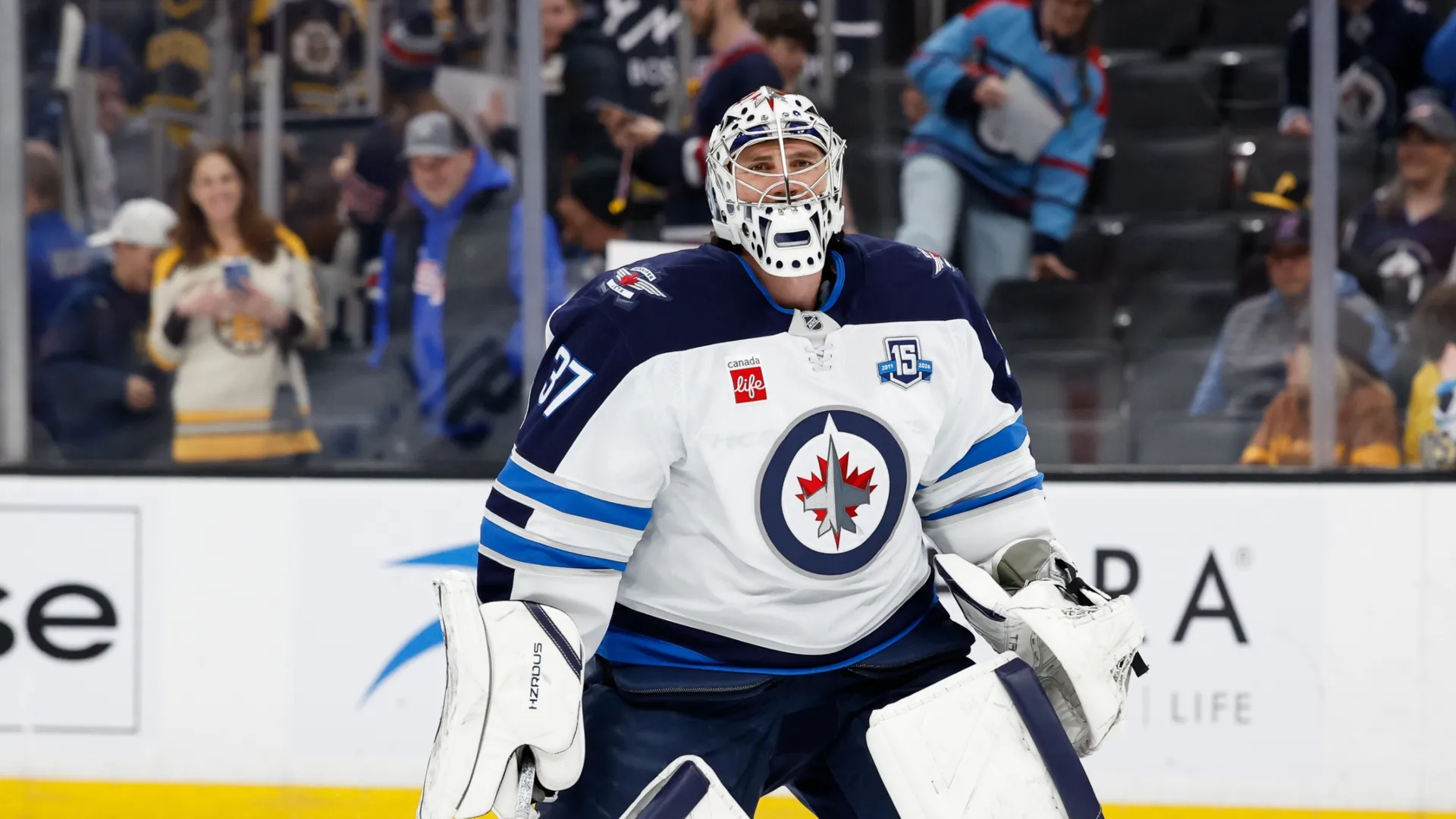 Connor Hellebuyck #37 of the Winnipeg Jets warms up prior to a game against the Boston Bruins at the TD Garden on March 19, 2026 in Boston, Massachusetts.