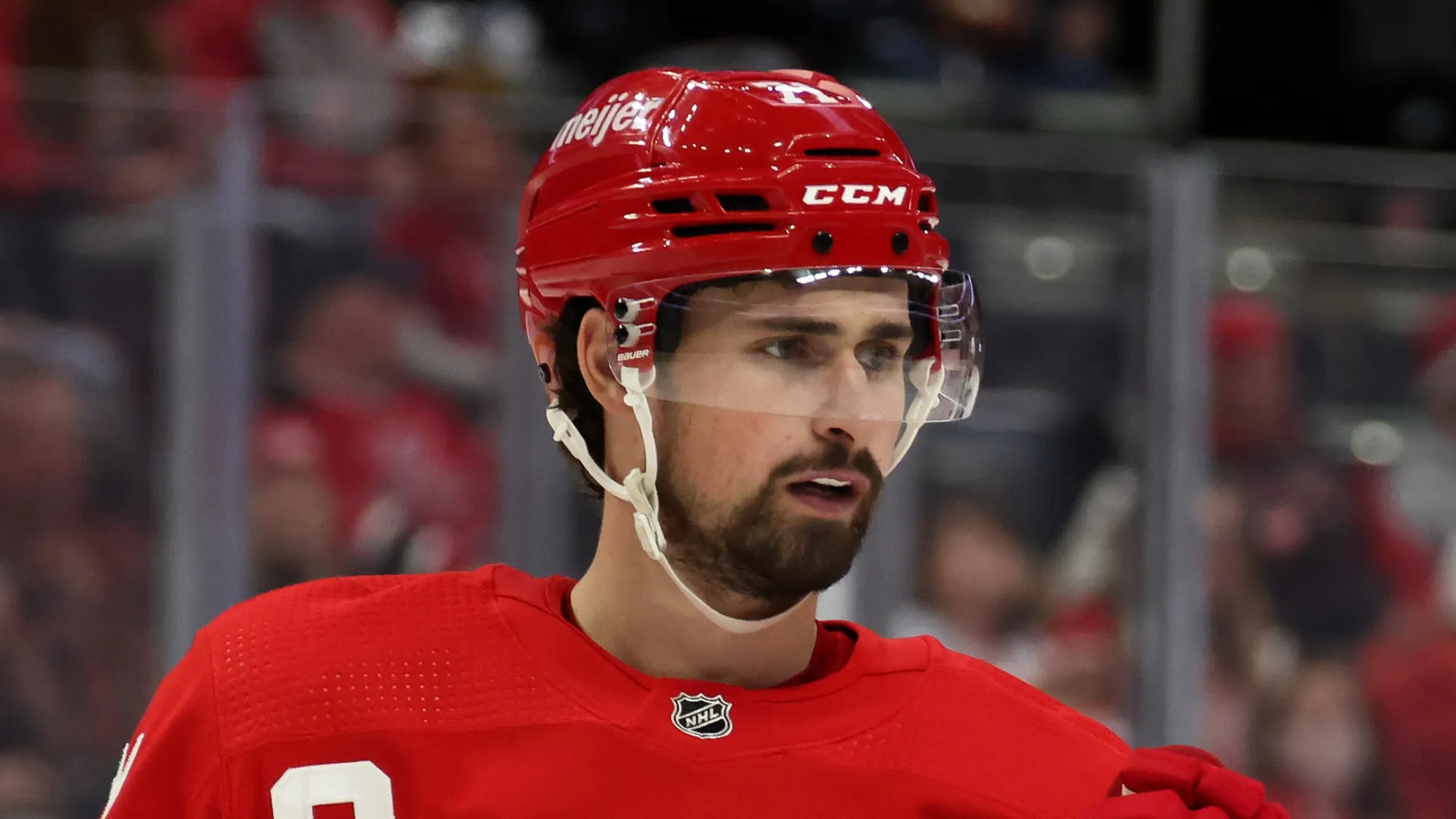 Dylan Larkin #71 of the Detroit Red Wings looks on while playing the Vegas Golden Knights at Little Caesars Arena on November 07, 2021 in Detroit, Michigan.