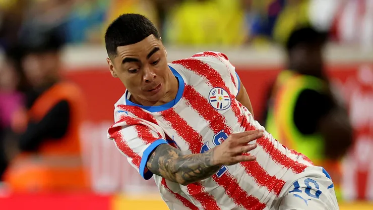 Miguel Almiron of Paraguay kicking the ball.