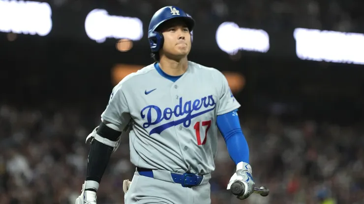 Shohei Ohtani #17 of the Los Angeles Dodgers walks back.