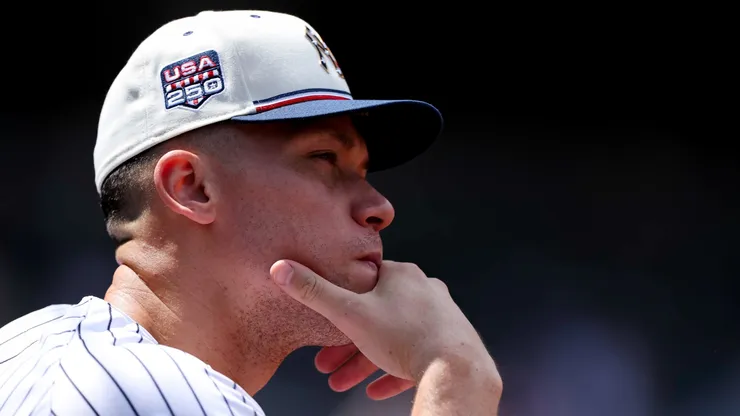 Aaron Judge #99 of the New York Yankees looks on.