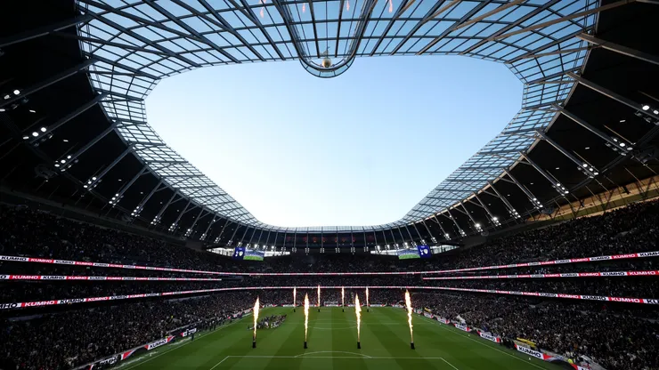 General view inside the stadium as pyros are set off.