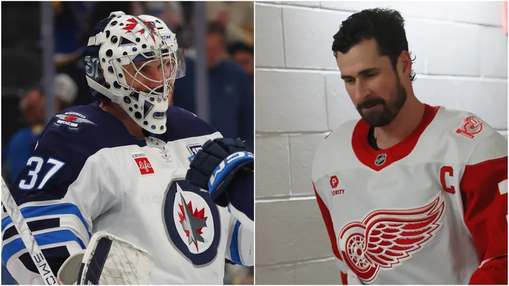 Connor Hellebuyck (L) Dylan Larkin (R).