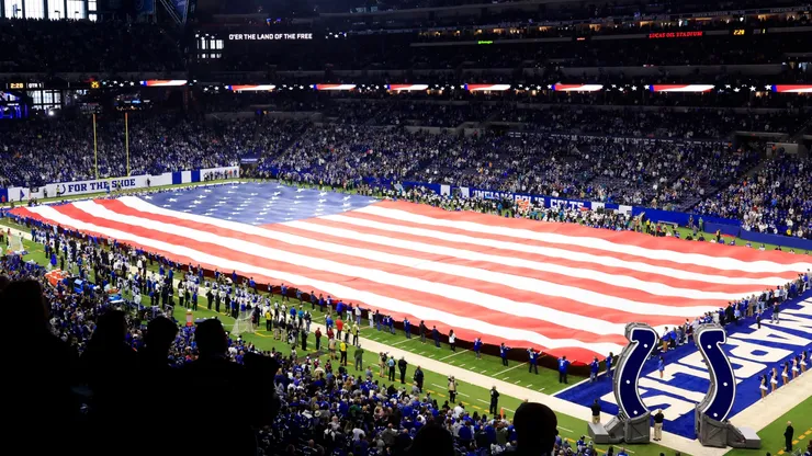 A general view during the national anthem before the game.