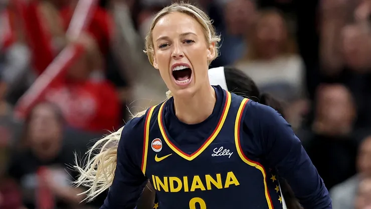 Sophie Cunningham #8 of the Indiana Fever celebrates after making a three point shot.