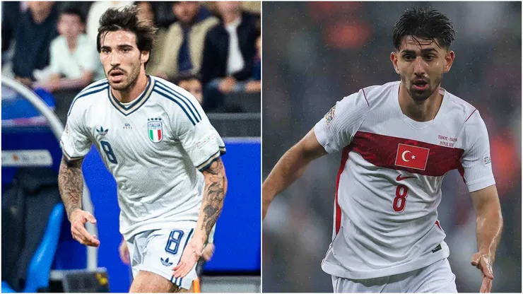Sandro Tonali of Italy and Demir Ege Tıknaz of Turkiye