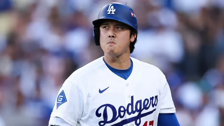 Shohei Ohtani #17 of the Los Angeles Dodgers reacts after striking out.