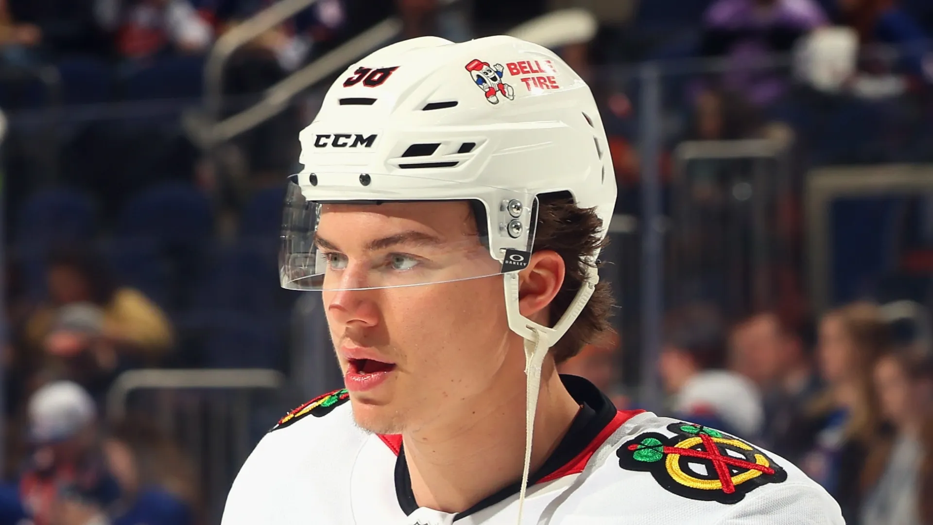 Connor Bedard #98 of the Chicago Blackhawks warms up prior to a game against the New York Islanders at UBS Arena on March 24, 2026 in Elmont, New York.