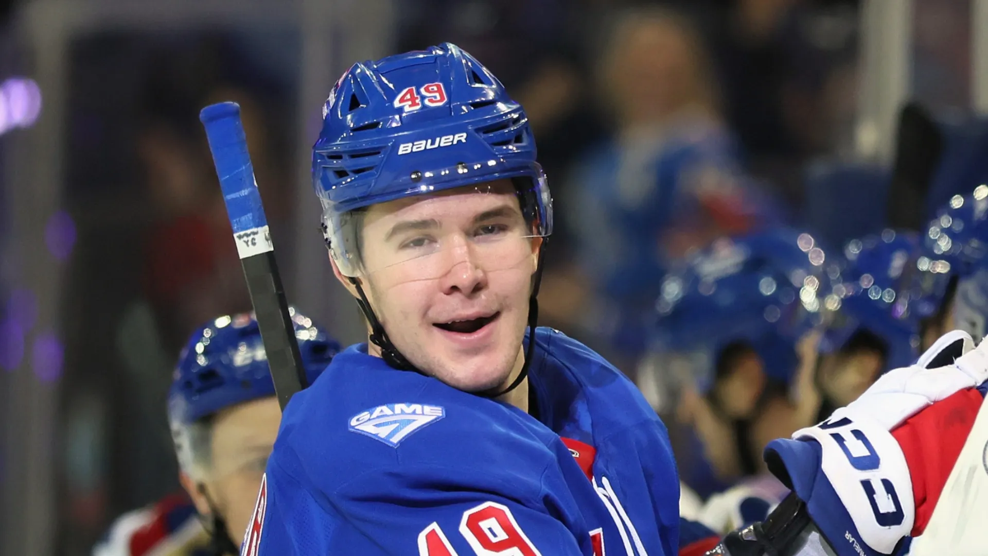 Jaroslav Chmelar #49 of the New York Rangers celebrates his first period goal against the Detroit Red Wings at Madison Square Garden on April 04, 2026 in New York City. (Photo by Bruce Bennett/Getty ImagesJaroslav Chmelar #49 of the New York Rangers celebrates his first period goal against the Detroit Red Wings at Madison Square Garden on April 04, 2026 in New York City.