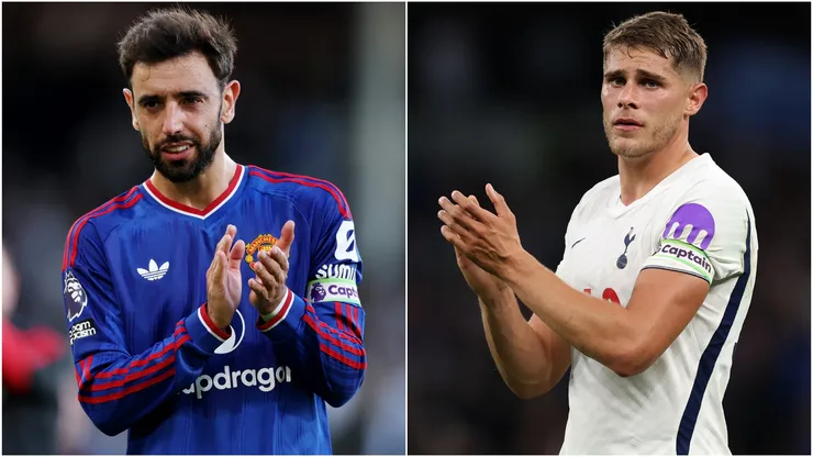 Bruno Fernandes of Manchester United and Micky van de Ven of Tottenham Hotspur