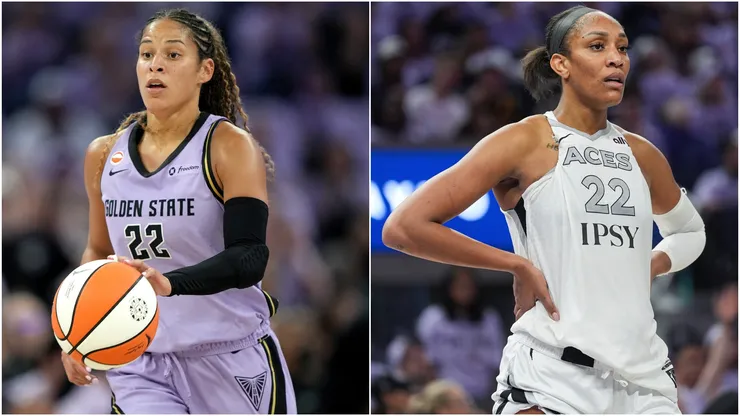 Veronica Burton #22 of the Golden State Valkyries and A'ja Wilson #22 of the Las Vegas Aces